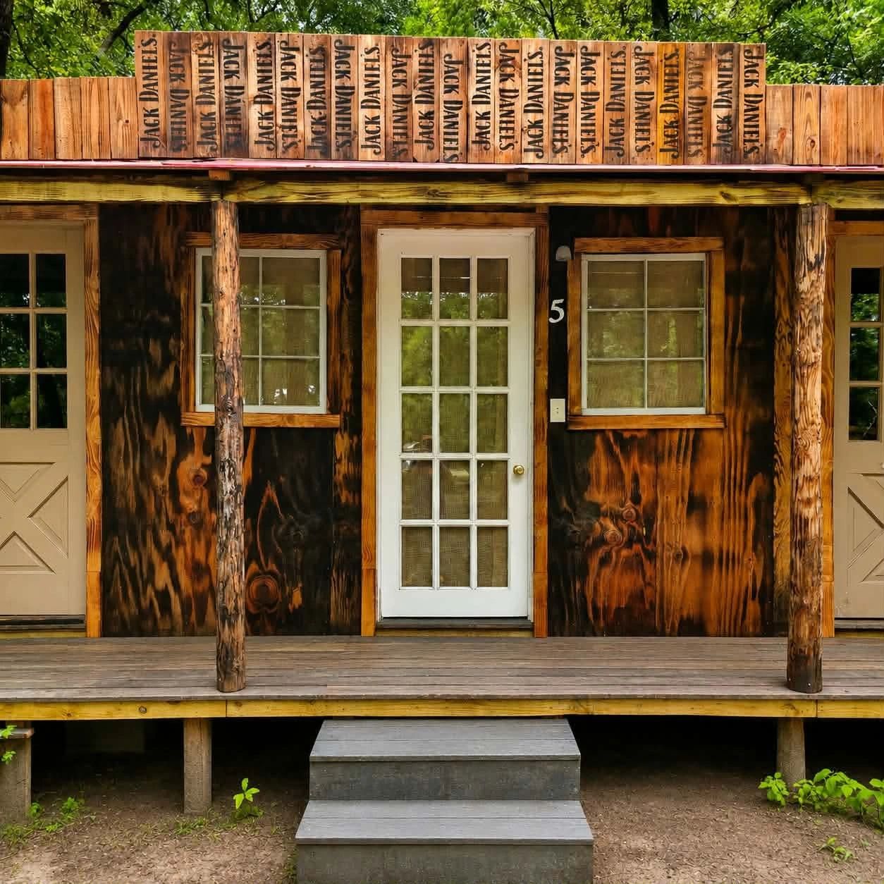 Rustic cabin storefront with charred wood exterior