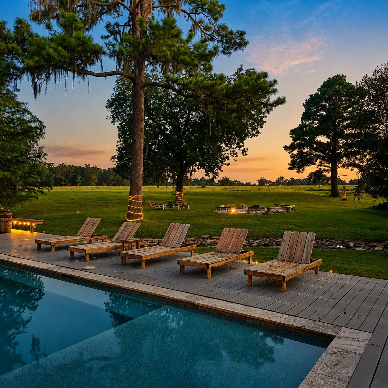 Twilight resort pool with cypress trees