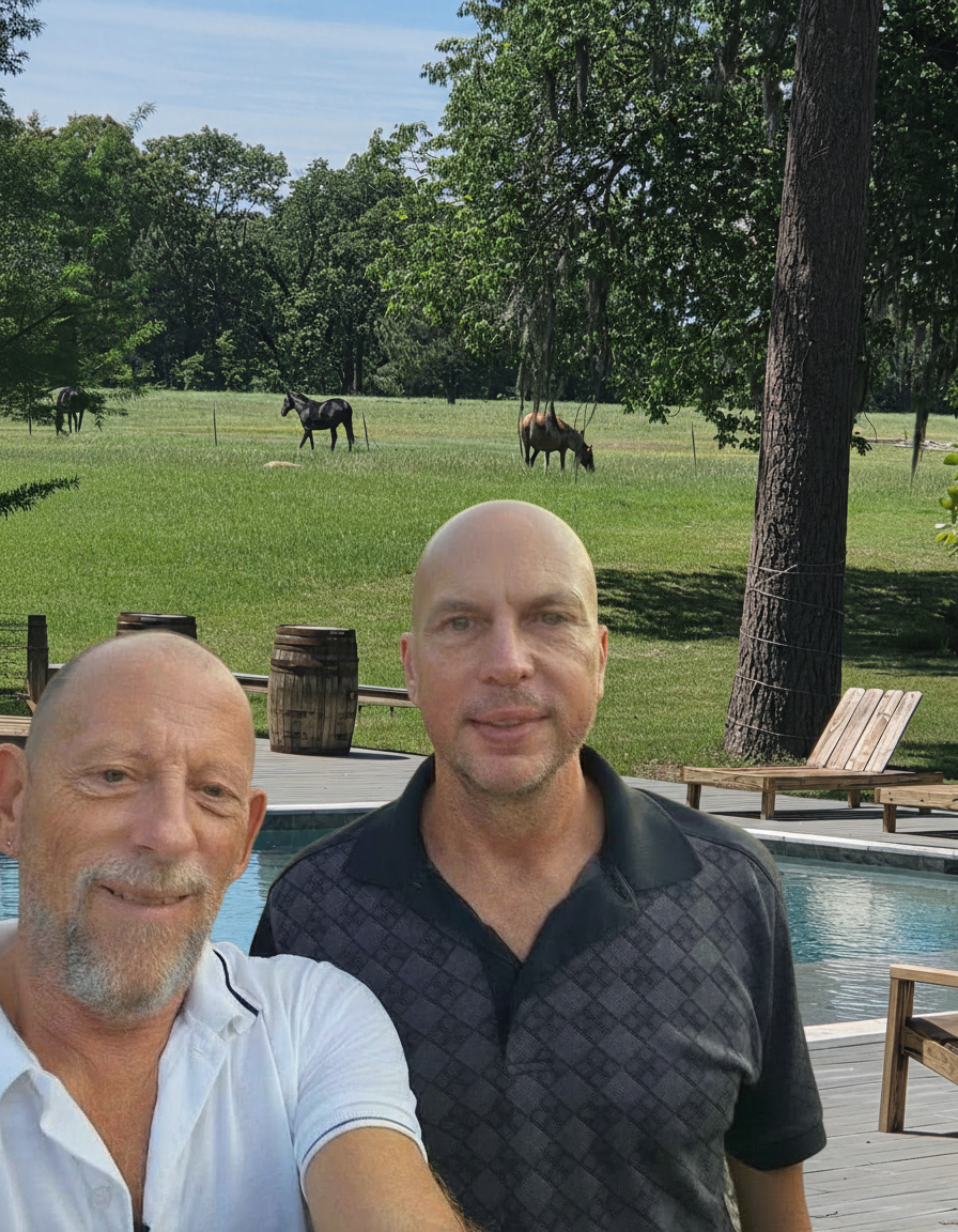 Two men posing at a waterfall