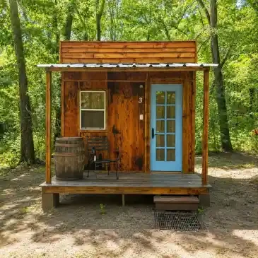Private Cabin #3 exterior — tiny wooden cabin in forest clearing