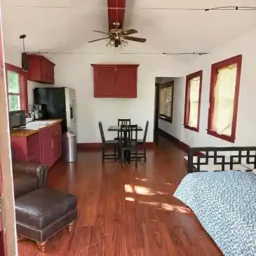 Fire House Lodge open interior with kitchenette and living area