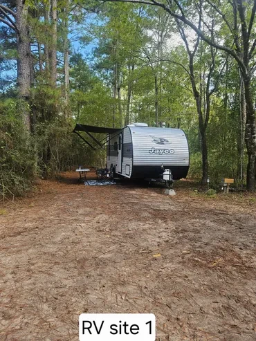 RV Site 1 — Jayco trailer in wooded clearing