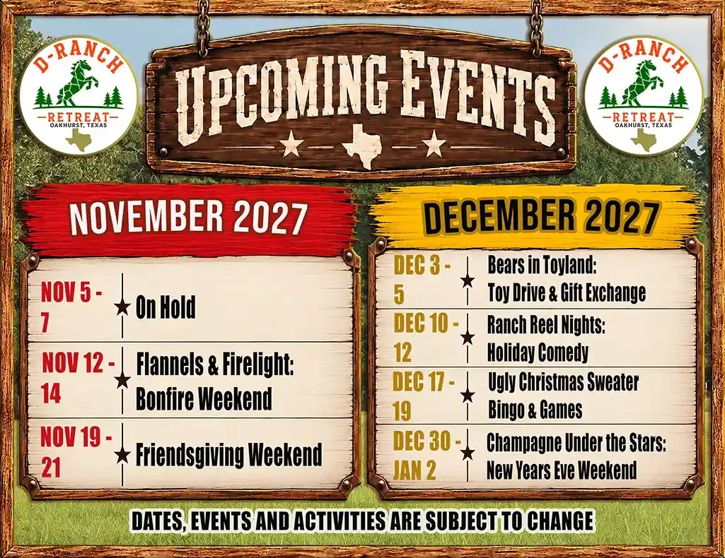 D-Ranch Retreat events calendar — November and December 2027