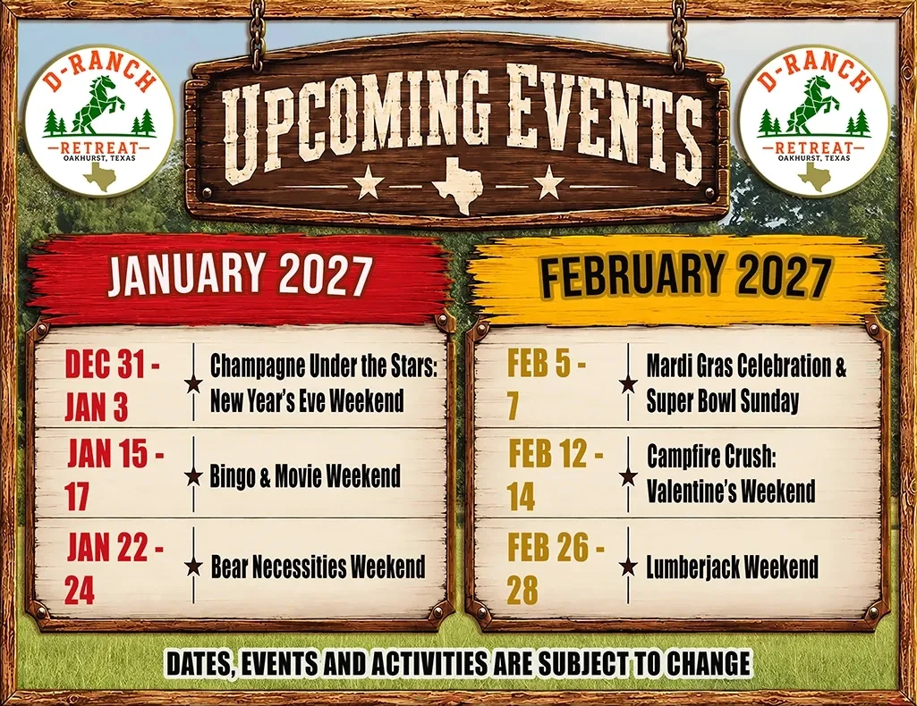 D-Ranch Retreat events calendar — January and February 2027