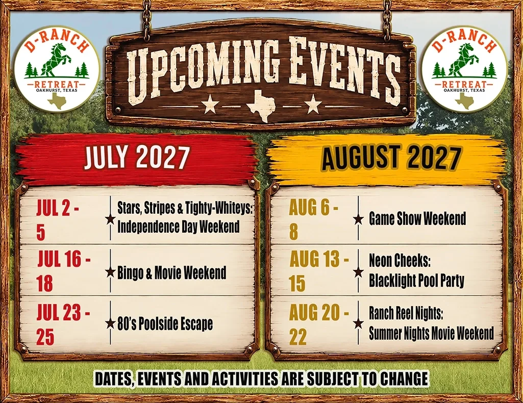 D-Ranch Retreat events calendar — July and August 2027